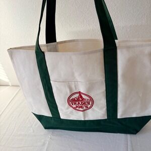 Trader Joes Canvas Tote Bag Cream Green Logo Pocket Reusable Grocery Shopper